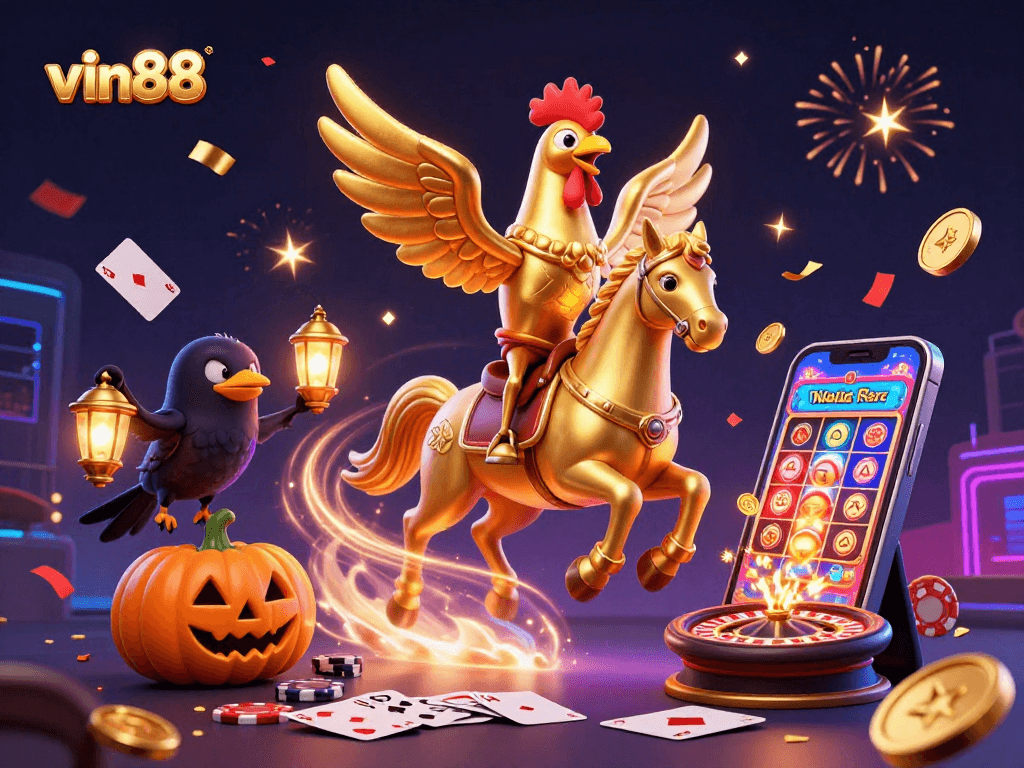 Experience the thrill of vin88 with a vibrant casino scene and animated characters engaging in games.