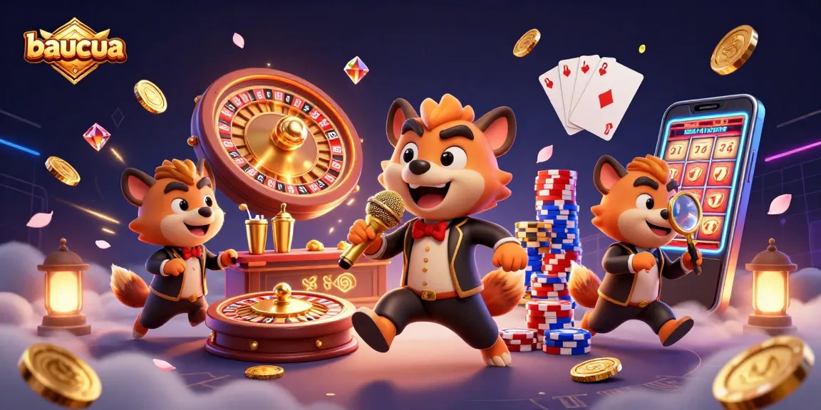 Baucua: Experience the thrill of lively hyena casino antics amidst sparkling gems and golden coins.