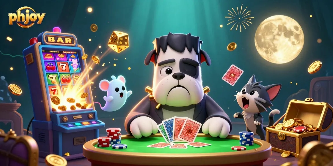 Experience thrilling wins with phjoy's animated casino creatures celebrating at a spooky 3D gaming table.