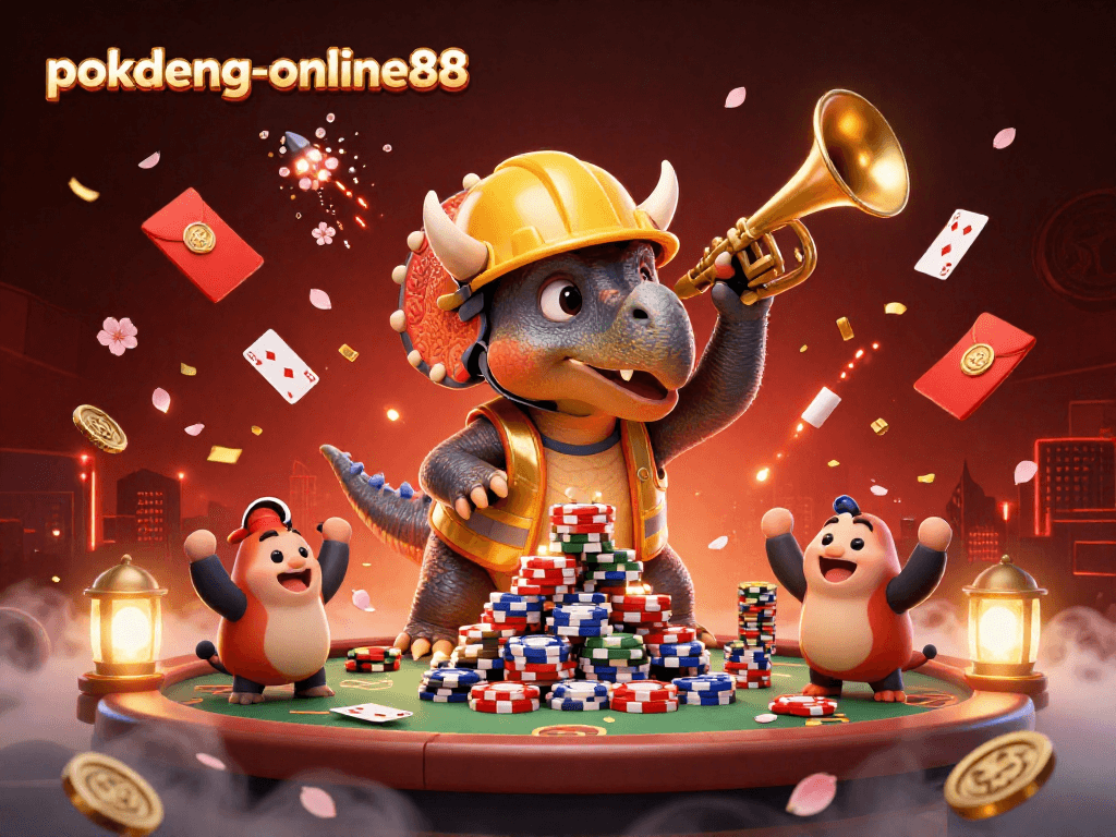 Pokdeng-online88 celebrates with triceratops building poker chips and joyful companions amidst festive casino elements.