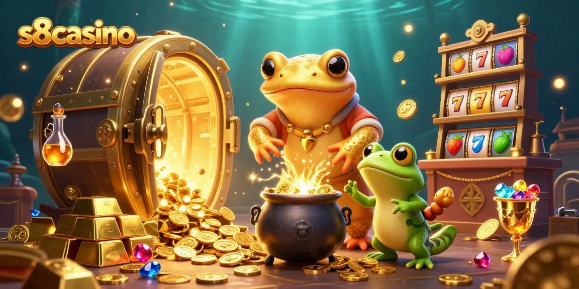 s8casino showcases a vibrant 3D casino scene with golden characters and exciting slot elements.