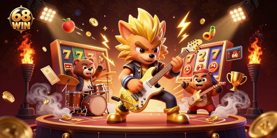 68 WIN offers thrilling jackpot experiences with cartoon characters and gaming elements in a vibrant casino environment.