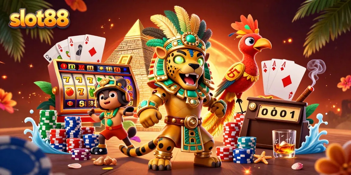 Engage with slot88 as the Mayan jaguar priest illuminates an exciting slot game scene with jewels and vibrant details.