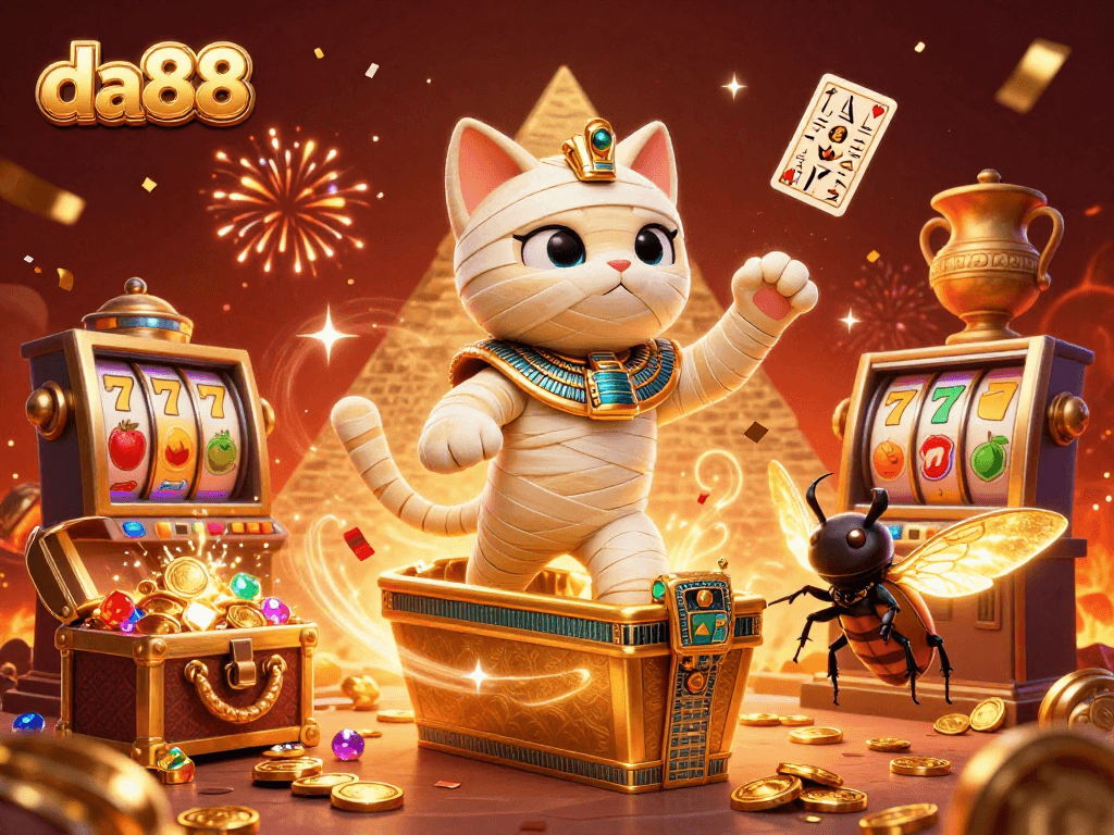 Join the fun with da88's 3D casino adventure featuring slots, a mummy cat, and treasure treasures!
