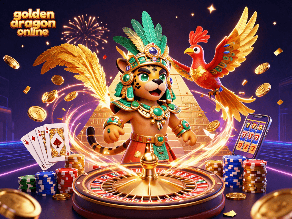 Win with golden dragon online in an exciting 3D casino scene featuring dynamic gaming elements.