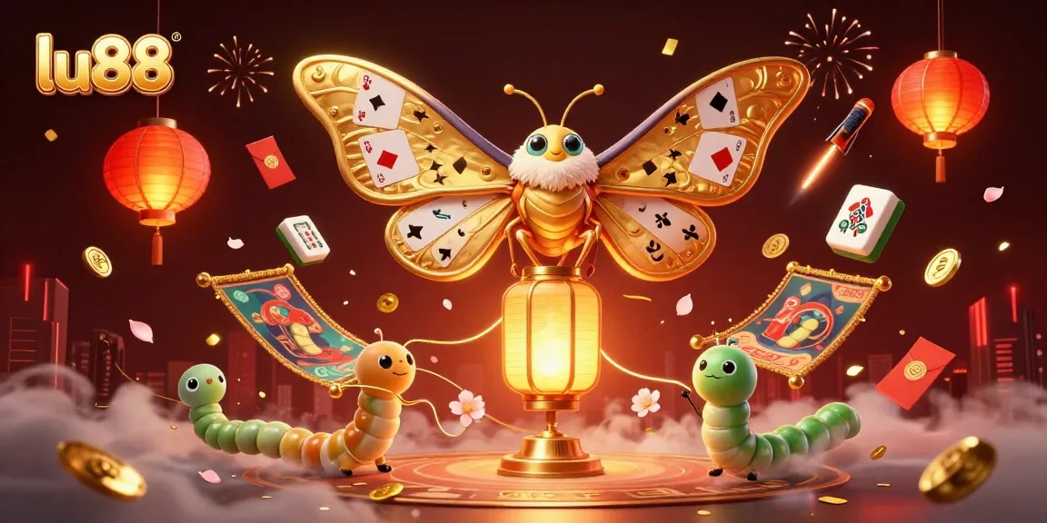 Experience thrilling gameplay at lu88 with vibrant casino scenes featuring a golden moth, lanterns, and festive elements.