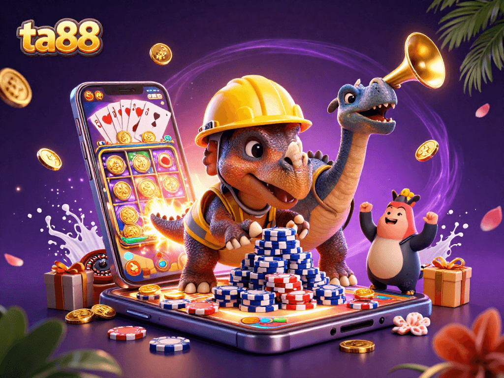 Experience the excitement of ta88 as a triceratops builds poker chip towers in a vibrant casino scene.