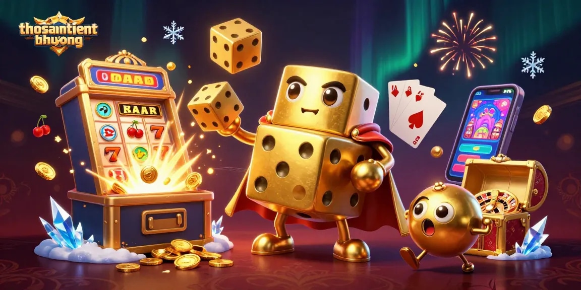 Experience thrilling gameplay with thosantienthuong's massive winning potential illustrated through colorful slot symbols and jackpot explosions.