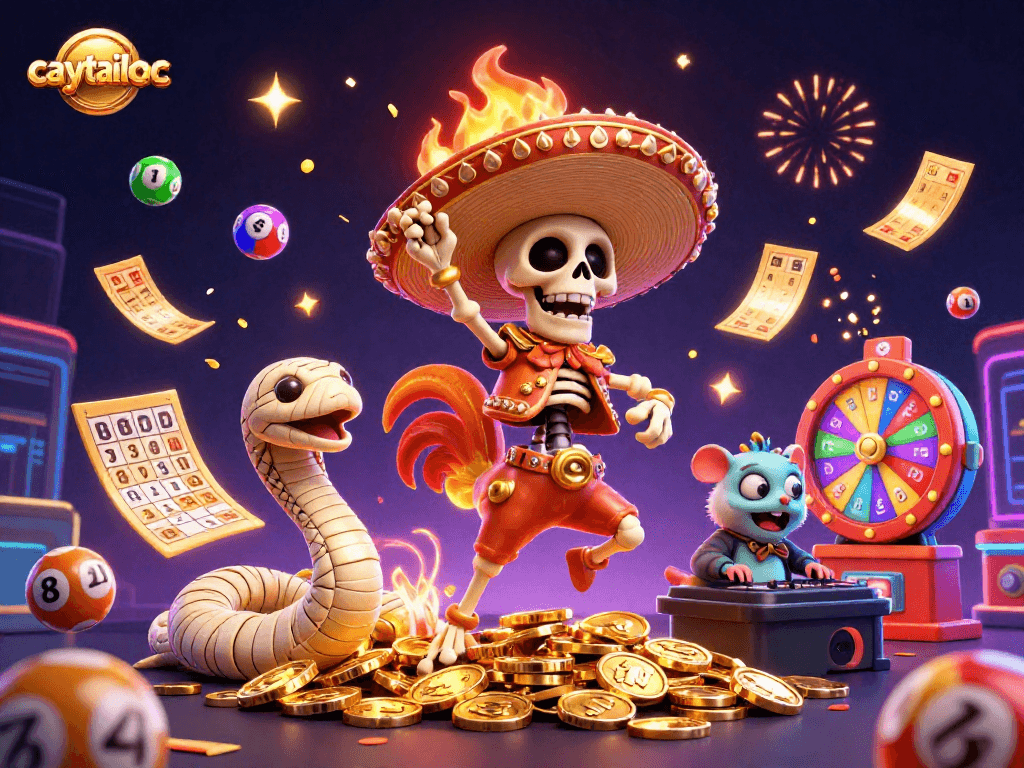 Caytailoc showcases a lively scene with a 3D cartoon skeleton mariachi rooster celebrating atop golden coins