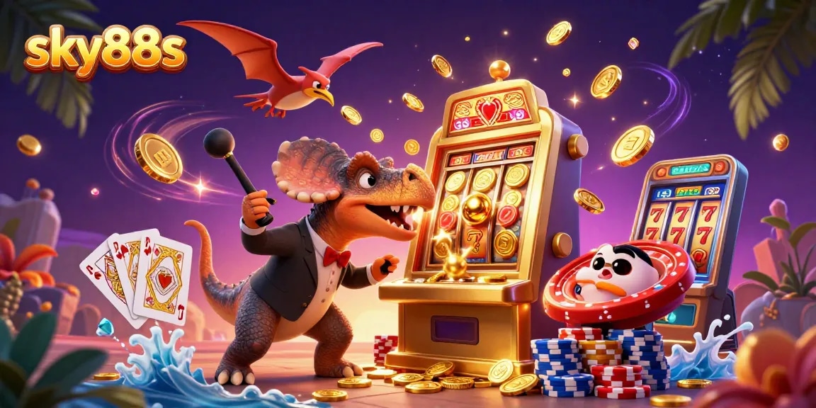Catch the sky88s jackpot with a dynamic scene of dino characters amidst flying coins!
