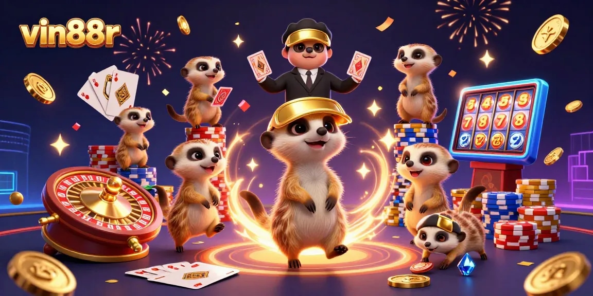 Experience excitement at vin88r casino with meerkats managing a lively gaming atmosphere.