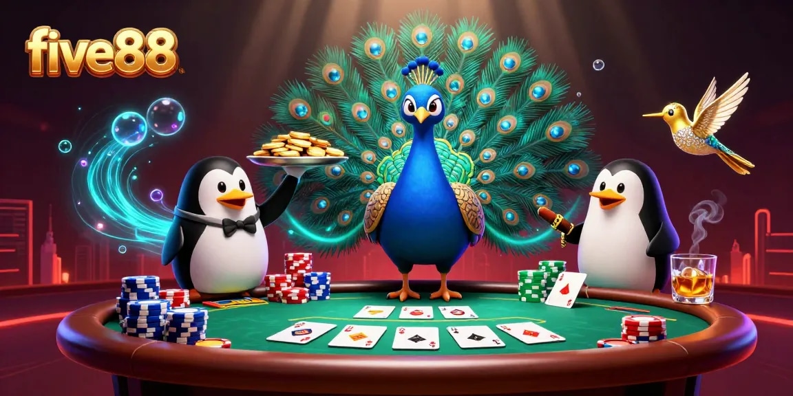 Engage with five88 in a vibrant 3D casino scene featuring colorful poker elements and distinguished characters.