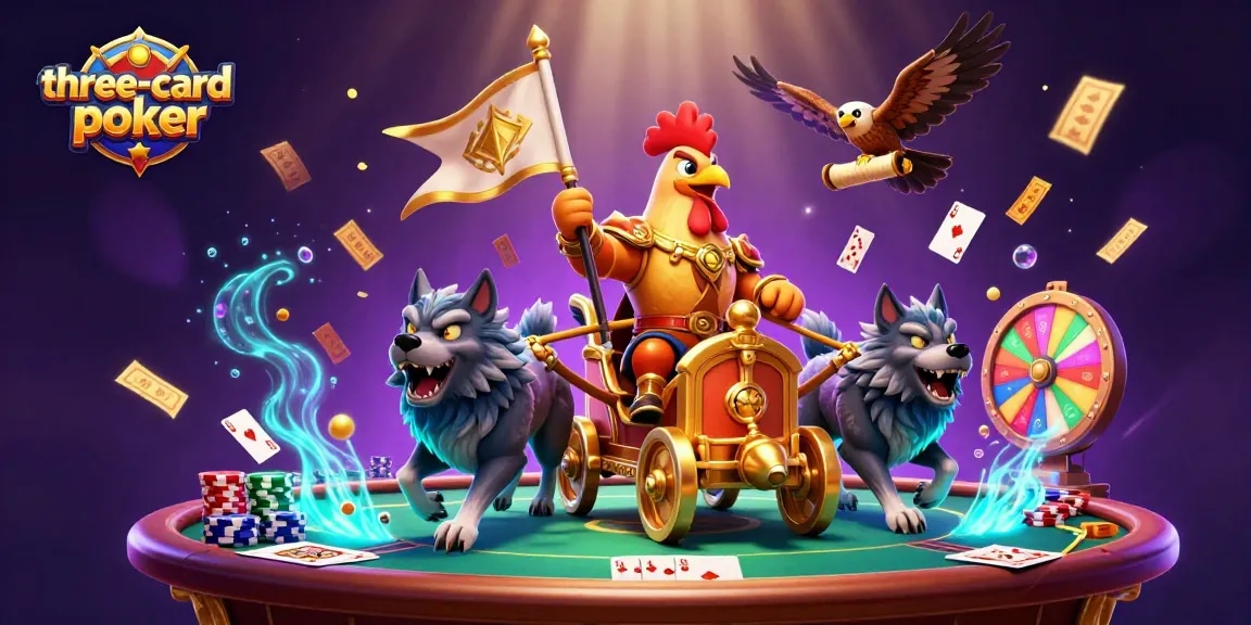 Engage in three-card-poker action with vibrant casino-themed scene and dynamic game elements.