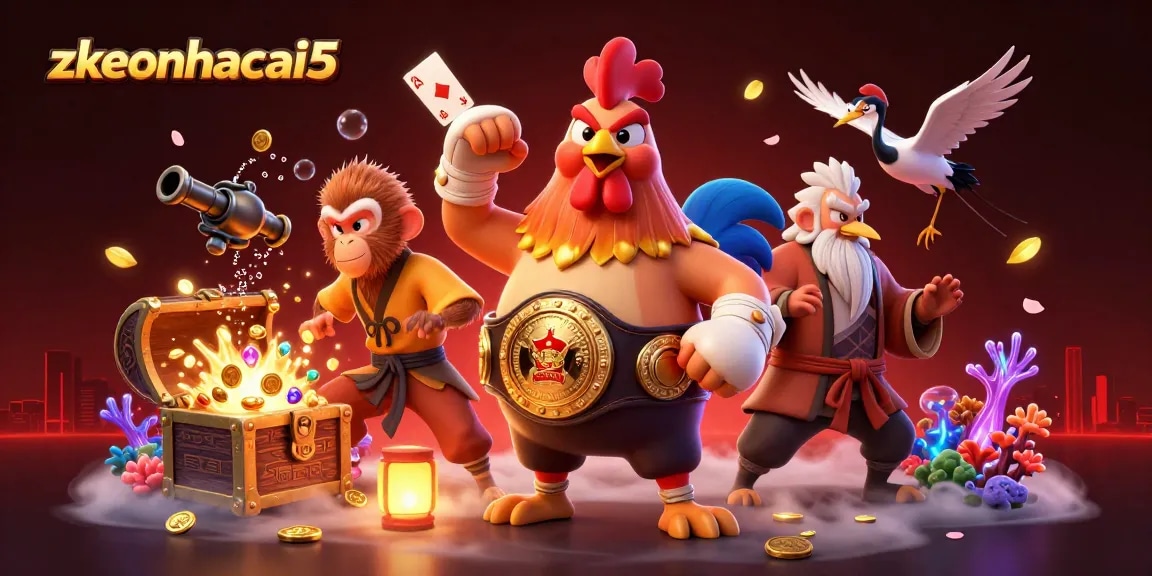 Engage with zkeonhacai5 in this vibrant scene featuring a Muay Thai rooster, Shaolin monkey, and crane master.