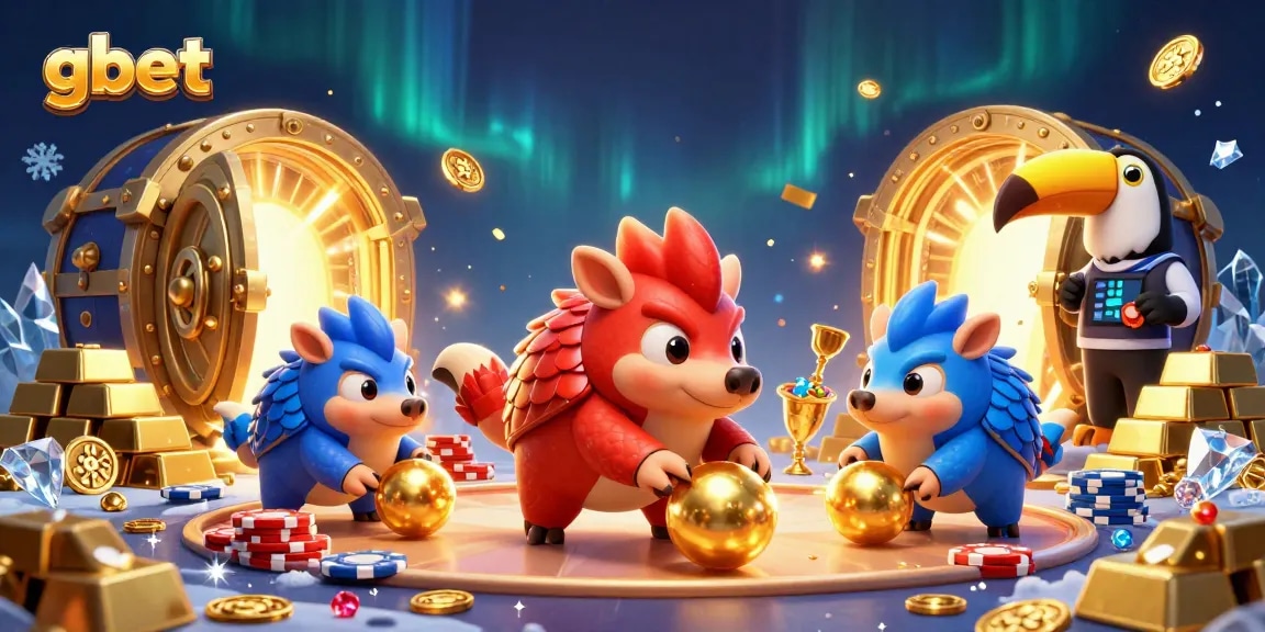 gbet's dynamic pangolins rolling through golden balls amidst poker chips in an exciting casino scene