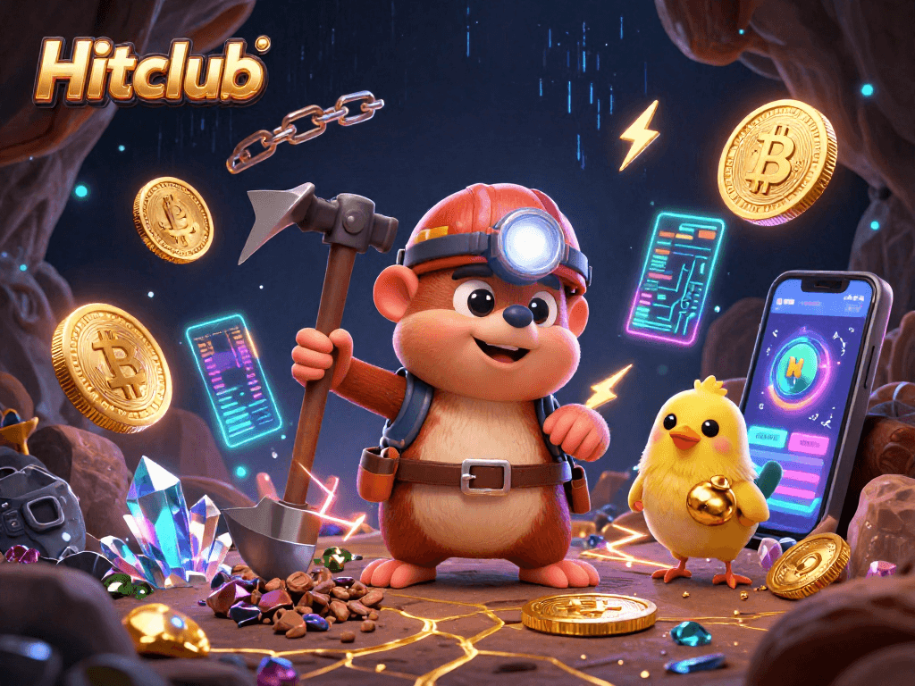 Hitclub shines in a vibrant 3D casino scene featuring a treasure hunter mole and crypto elements.