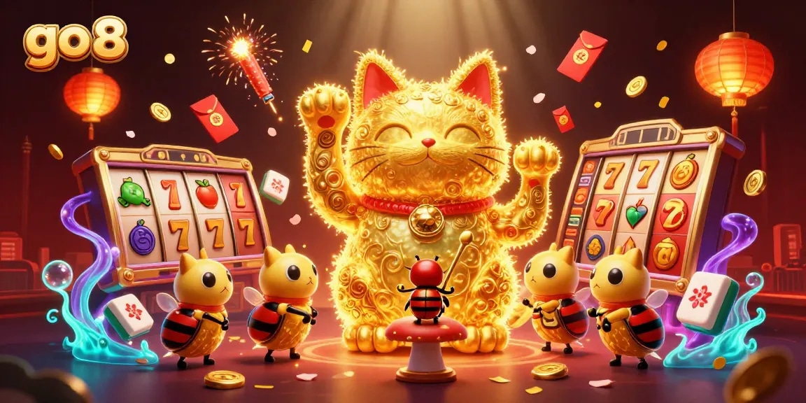 Spin and win with go 8's vibrant 3D casino scene featuring a lucky cat shaped by golden fireflies.