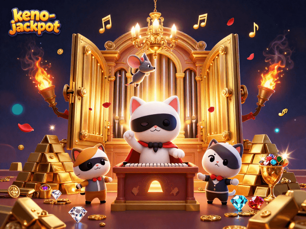 Keno-jackpot game showcasing a whimsical cartoon scene with a cat and mouse amidst treasure