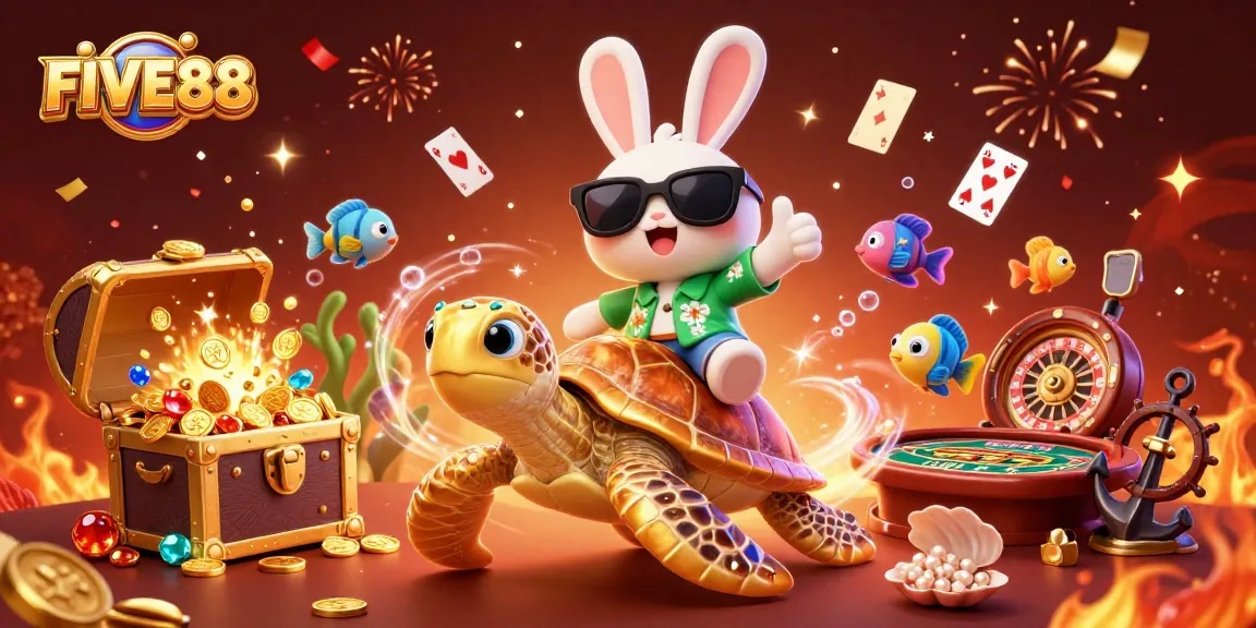 FIVE88 showcases an exciting scene with a lucky rabbit and a golden turtle amidst casino elements.