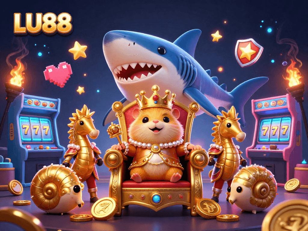 Play LU88 slots with the golden hamster king in this vibrant casino-themed illustration.