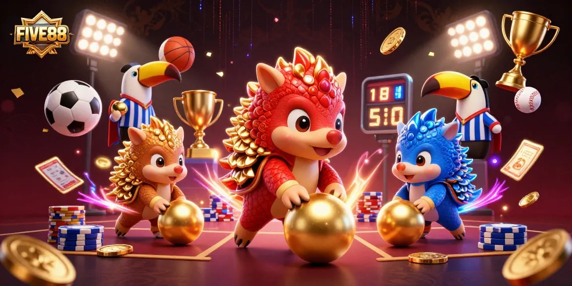 FIVE88 rivals clashing in a dynamic casino scene with sports elements and a toucan referee.
