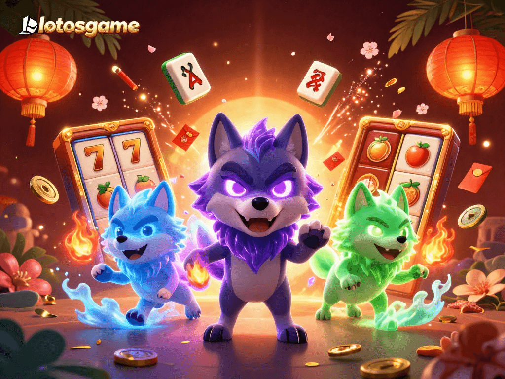 Experience a vibrant scene with lotosgame characters amidst thrilling casino elements and energetic designs.