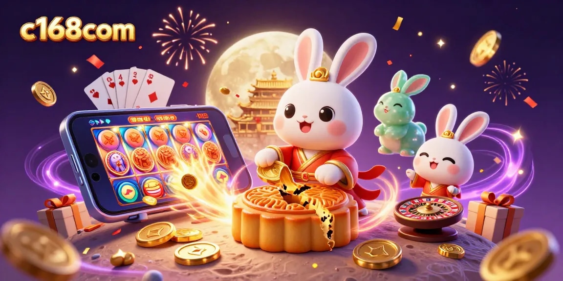 Experience the thrill of winning at c168com with the 3D cartoon moon rabbit and jade companion amidst vibrant casino elements.