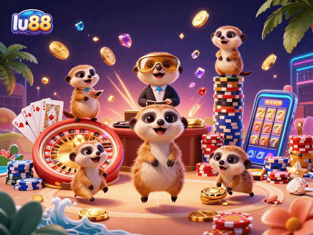 Experience thrilling gaming action with lu88, as meerkats run their vibrant casino operation against a stunning backdrop.
