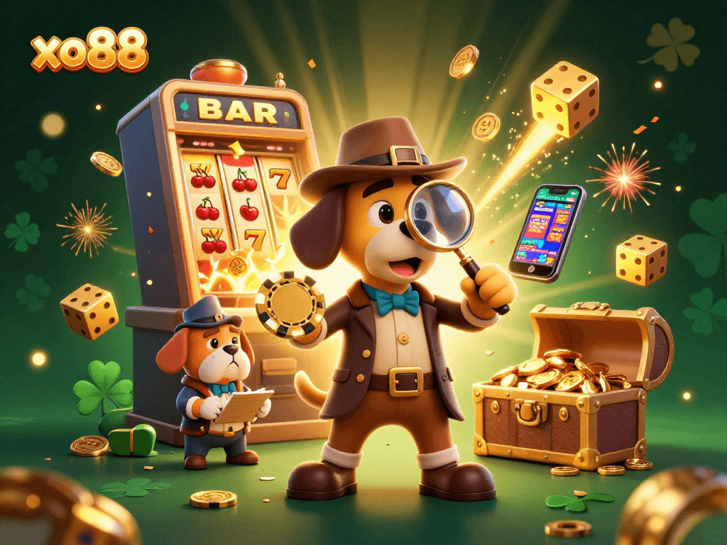 Win big with xo88 as the detective uncovers casino treasures in this vibrant, engaging illustration.