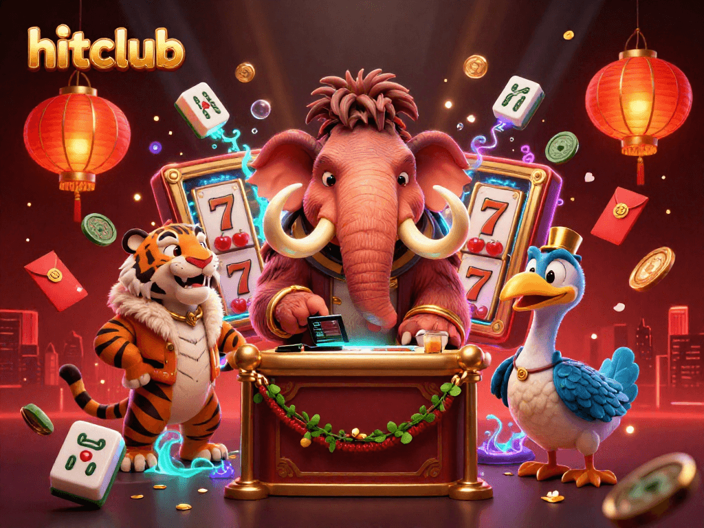 Hitclub casino scene featuring a woolly mammoth bouncer, VIP saber-tooth guest, and vibrant slot reels.