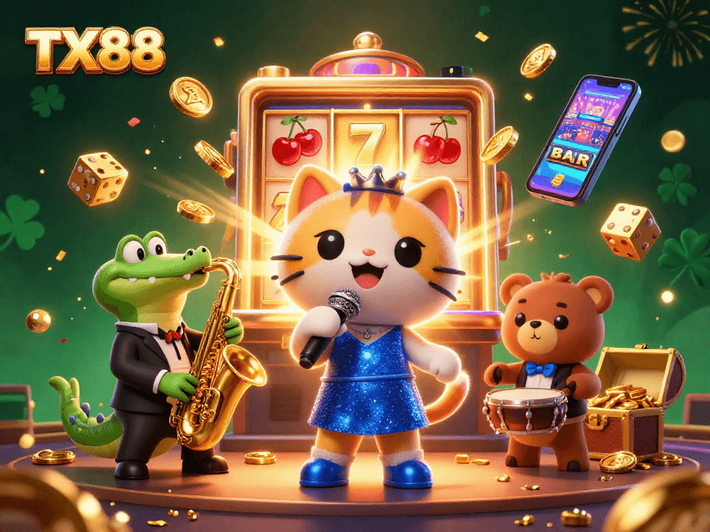 Experience the excitement of TX88 with cartoon characters celebrating at a lively casino