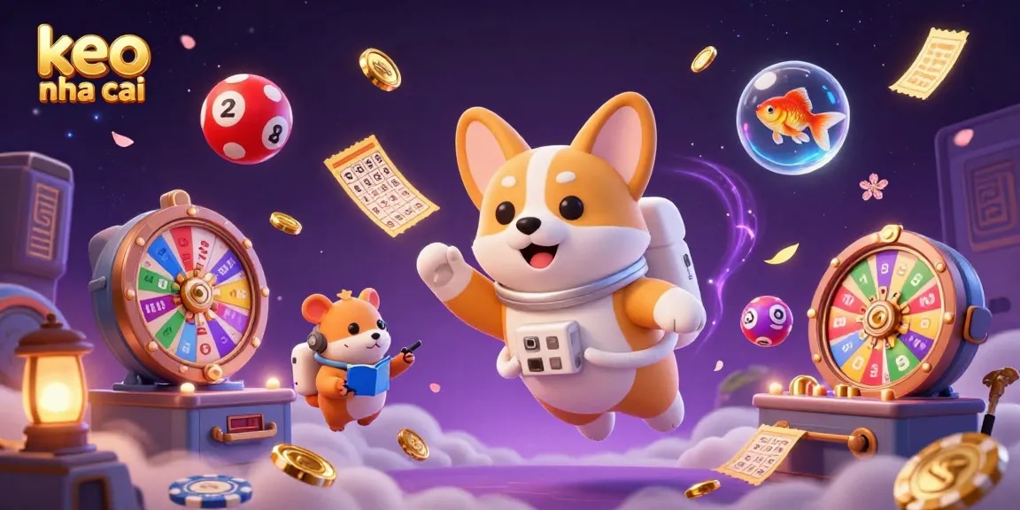 Engage with thrilling keo nha cai casino scenes featuring an astronaut corgi and vibrant game elements.