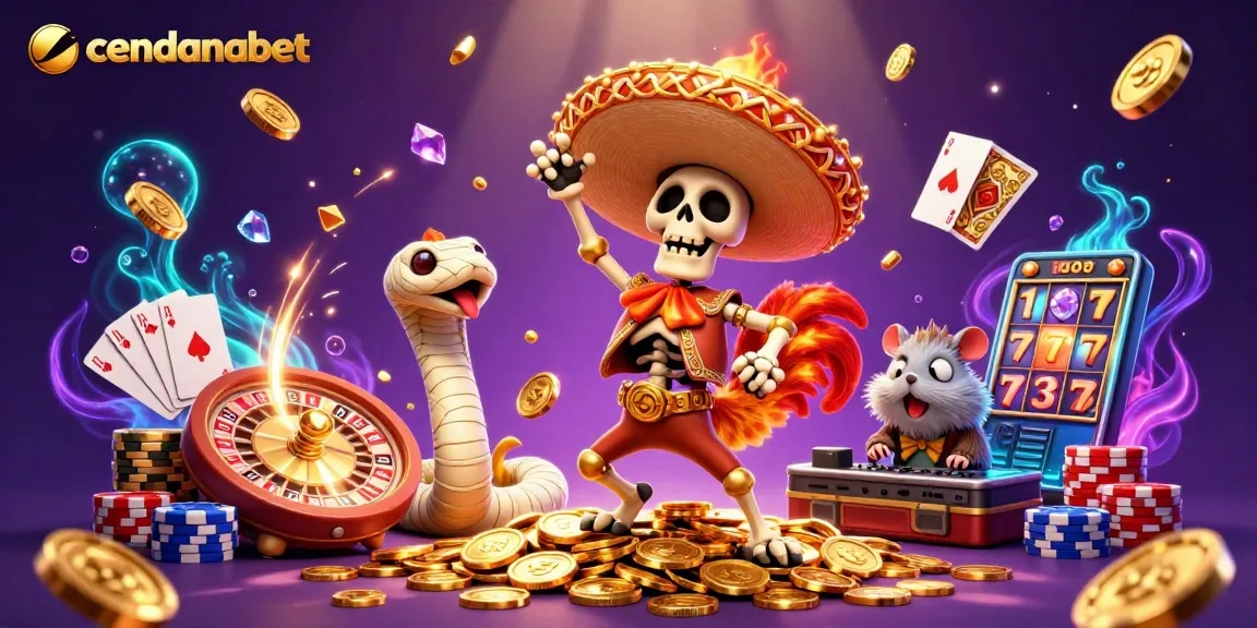 Cendanabet enables a thrilling casino experience with vibrant characters and dynamic game elements in a digital illustration.