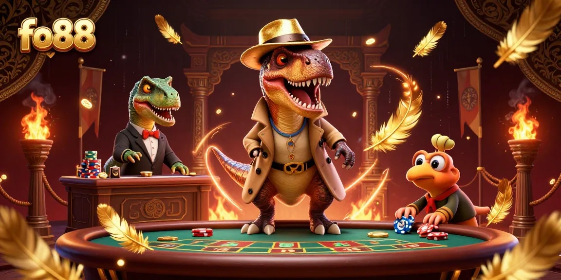 Watch a fo88 velociraptor card counter strategizing at the blackjack table while a stegosaurus pit boss observes.