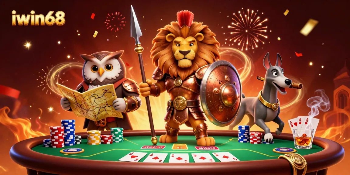 Engage with iwin68's thrilling gaming atmosphere featuring a Spartan lion and poker elements.