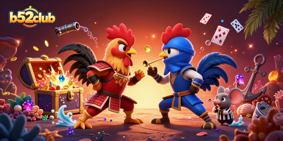 Engage in thrilling action at b52club with dynamic roosters in combat amidst vibrant casino elements.