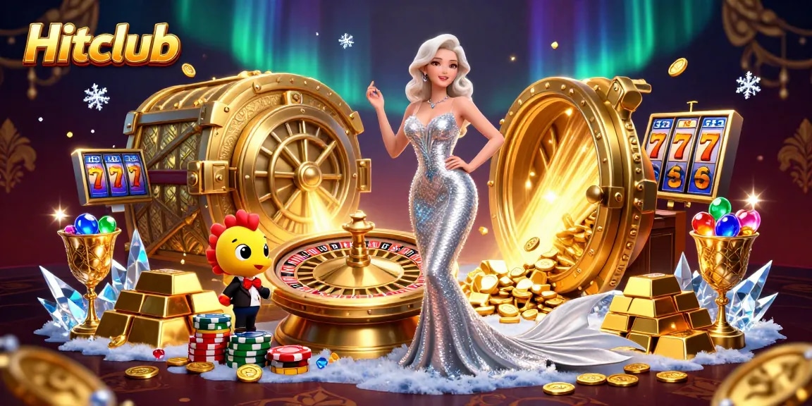 Spin the reels with Hitclub at a glamorous casino scene featuring a stunning woman and colorful treasures.