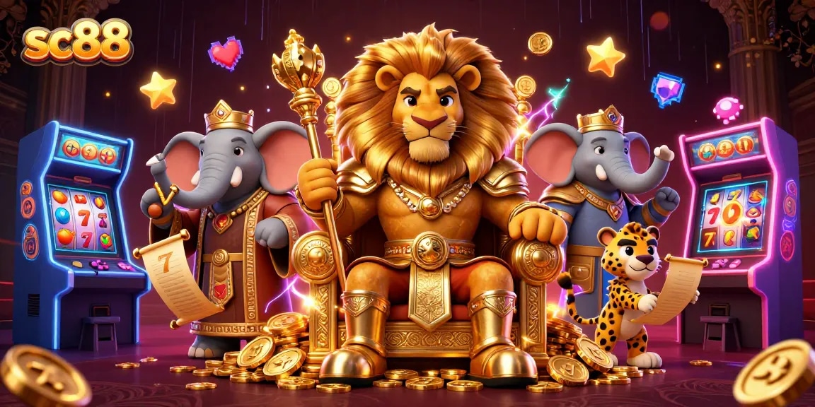 Experience thrilling casino gameplay at sc88 with a vibrant 3D rendering of a fierce lion king and dynamic gaming elements.
