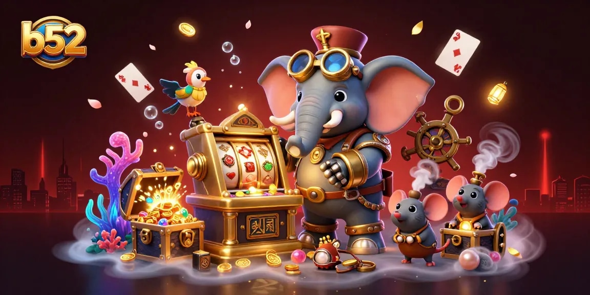 Engage in thrilling gaming action at B52's vibrant casino with 3D steampunk characters and slot machine.