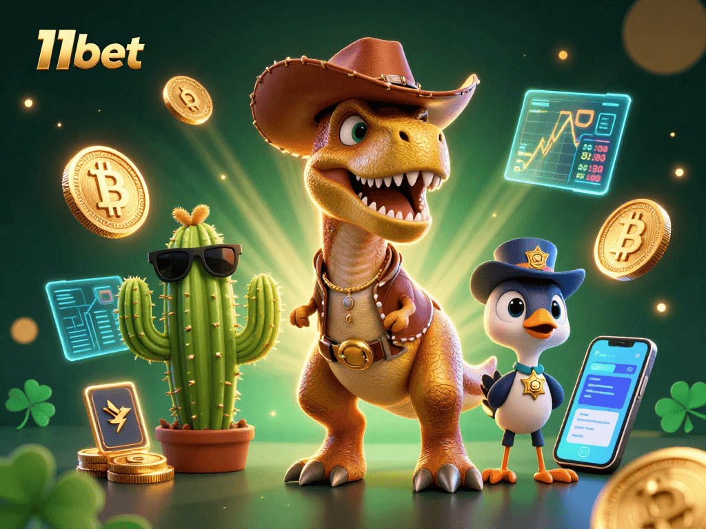Engage with 11bet's thrilling casino experience featuring a cowboy dinosaur and crypto elements.