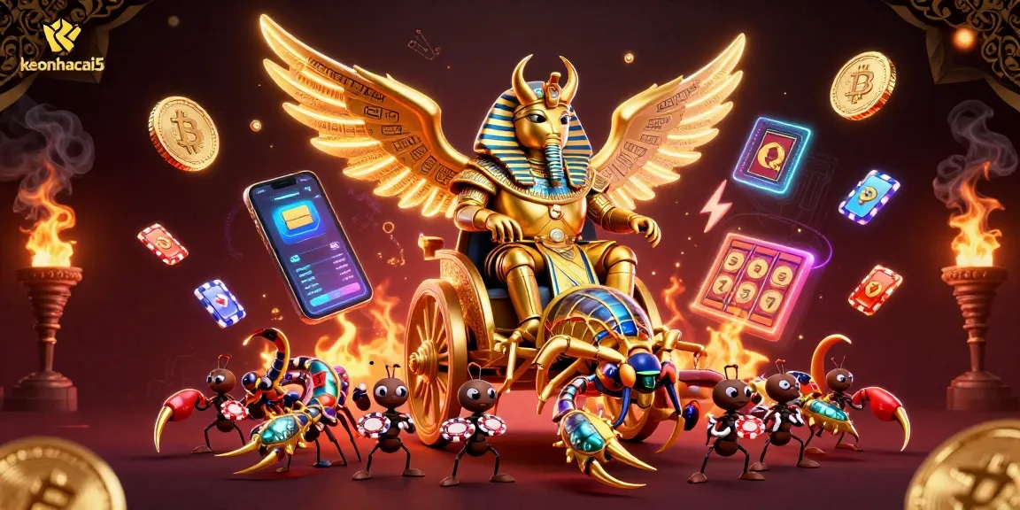 Engage with keonhacai5 in a dynamic casino scene featuring a golden scarab beetle and vibrant slot elements.