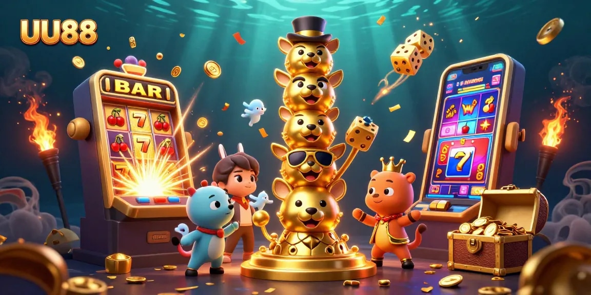 Experience thrilling entertainment with UU88 in a vibrant casino illustration bursting with excitement.