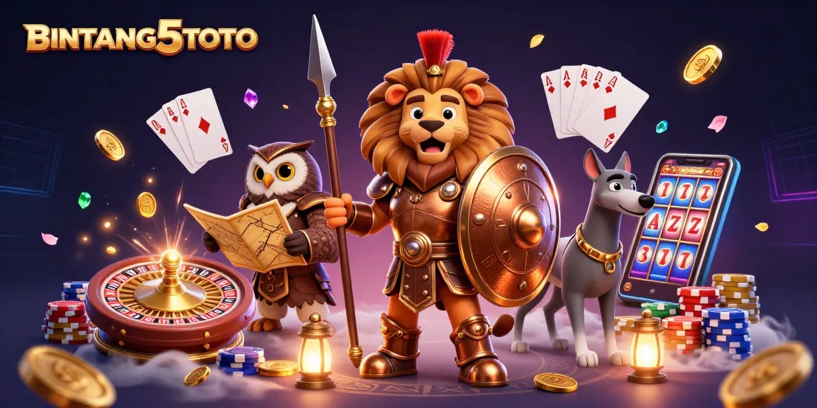 BINTANG5TOTO showcases vibrant casino action with a Spartan lion, owl strategist, and a greyhound in an immersive 3D illustration.
