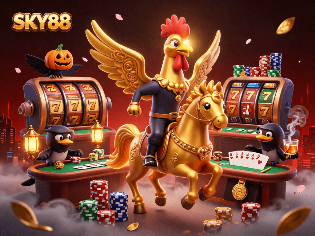 Engage with SKY88's thrilling atmosphere, featuring a golden rooster in a midnight casino scene packed with colorful gambling elements.