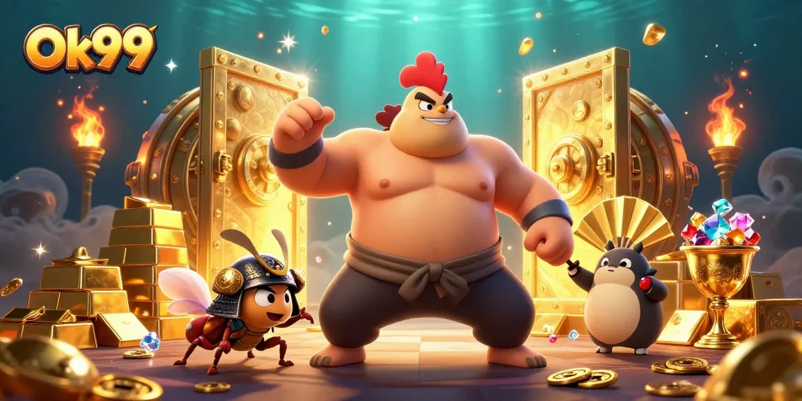 Engage in thrilling action with Ok99 while discovering treasure in this vibrant 3D casino scene.
