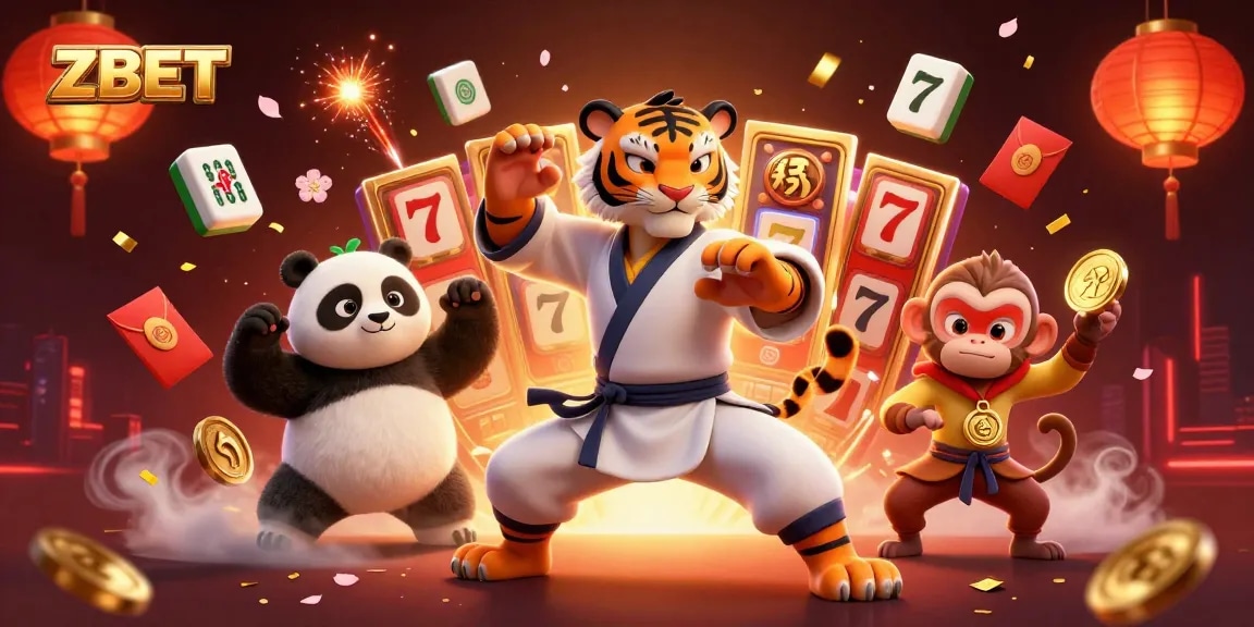 ZBET showcases a thrilling 3D illustration of a tiger master and companions amidst vibrant slot elements and gaming excitement.