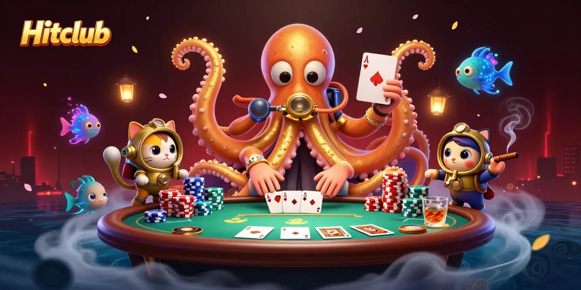 Hitclub players strategize wins at a vibrant poker scene with a kraken and diving cat.