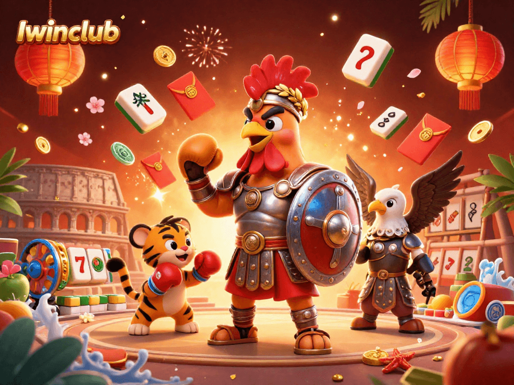 Iwinclub showcases a thrilling casino adventure with a rooster hero, mahjong tiles, and lush decorations.