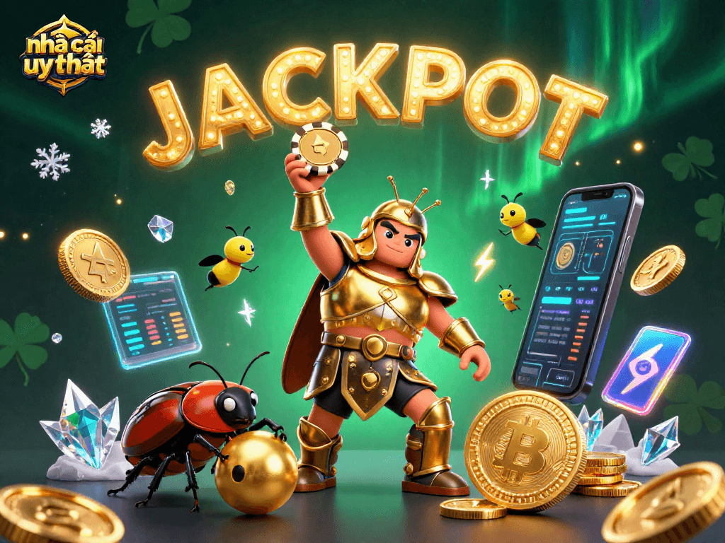 Engaging scene highlighting nhà cái uy tín with a victorious bug lifting a poker chip amidst vibrant casino elements.