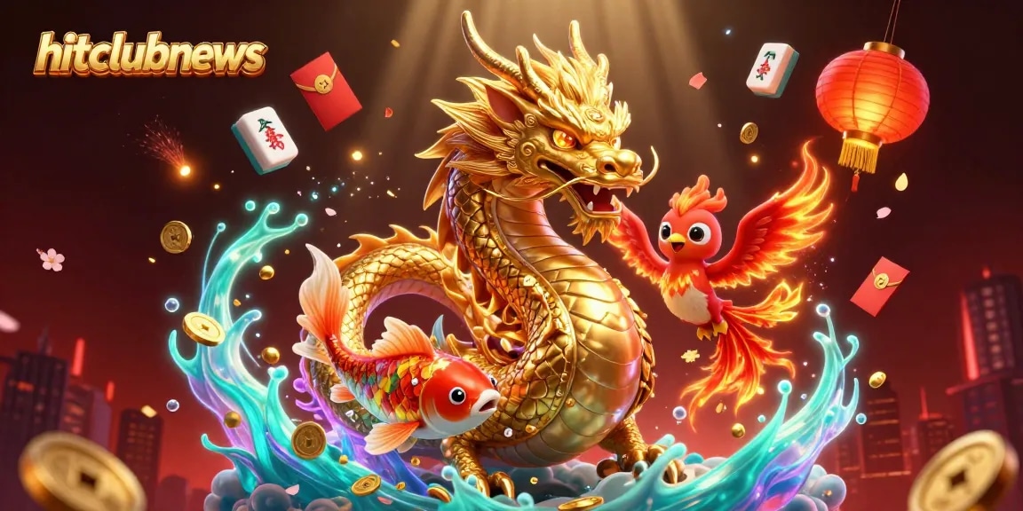 Engage in thrilling action at hitclubnews with a vibrant illustration of a dragon, phoenix, and koi fish amidst gold coins.